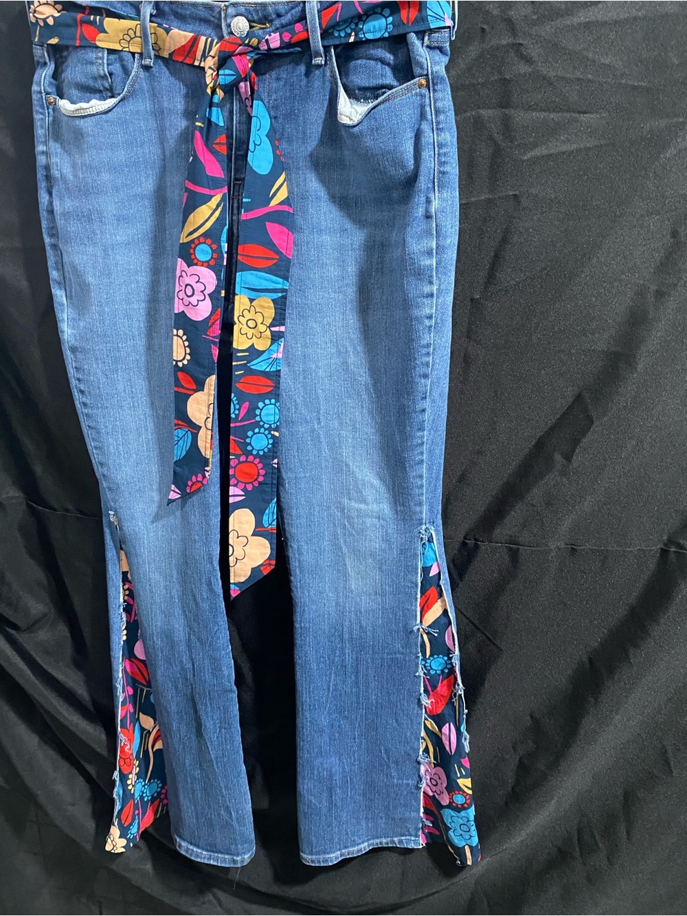 Levi's Blue Denim Flare Jeans with Multicolor Floral Inserts and Tie